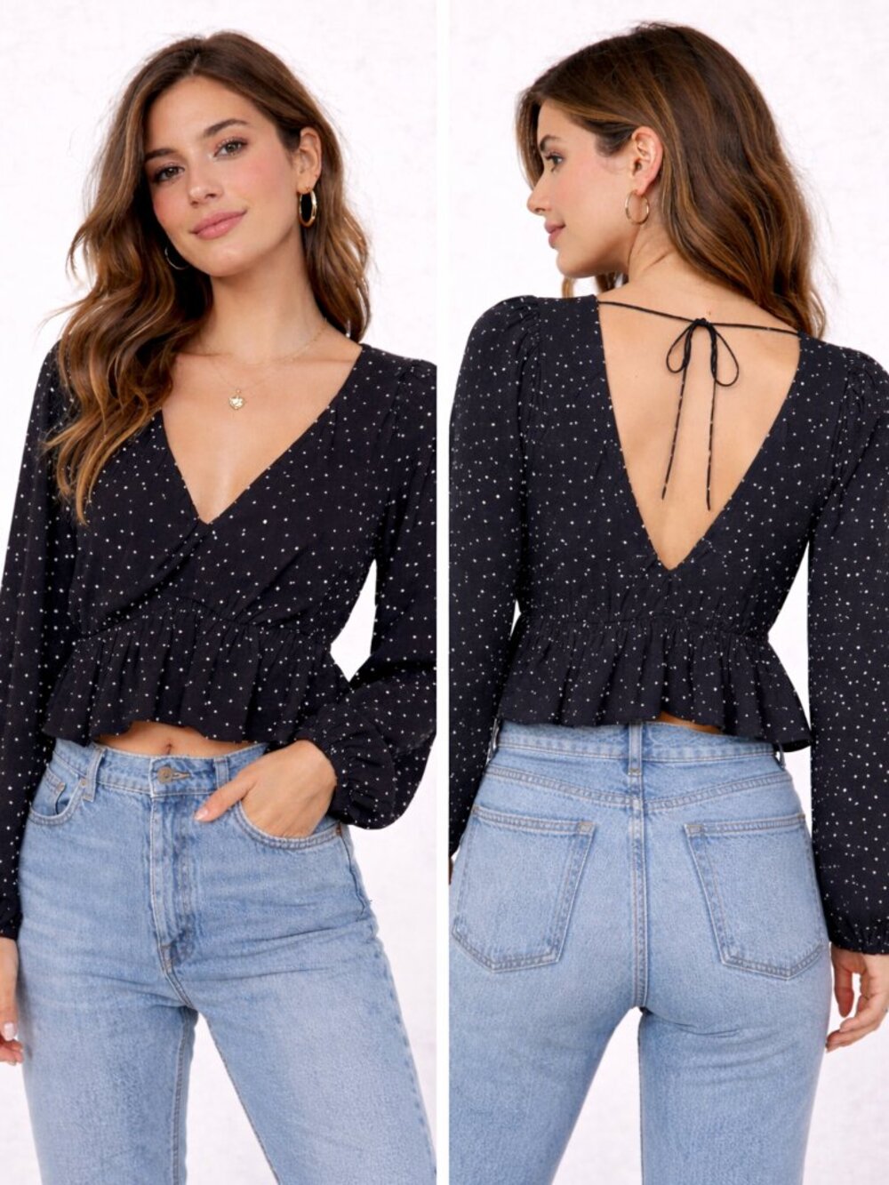 H & M Womens  Black White Polka Dot Peplum Blouse  Small Long Sleeve V neck